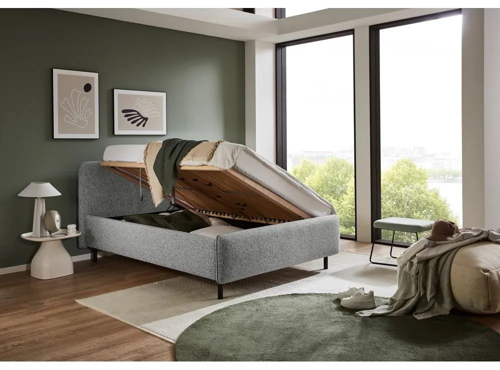 Világosszürke kárpitozott ágyneműtartós franciaágy ágyráccsal 160x200 cm Primo – Meise Möbel