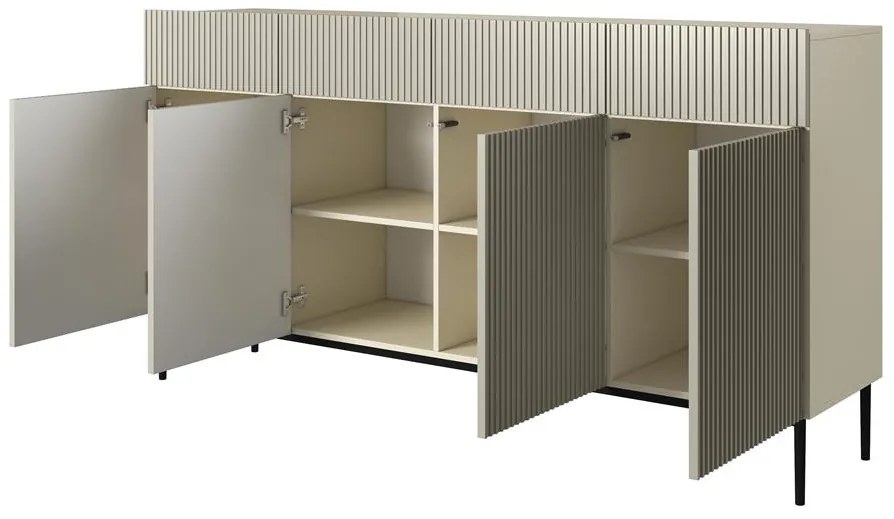 Nicole komód 200 cm, négyajtós, fiókos, bordázott előlap - kasmír / fekete lábak