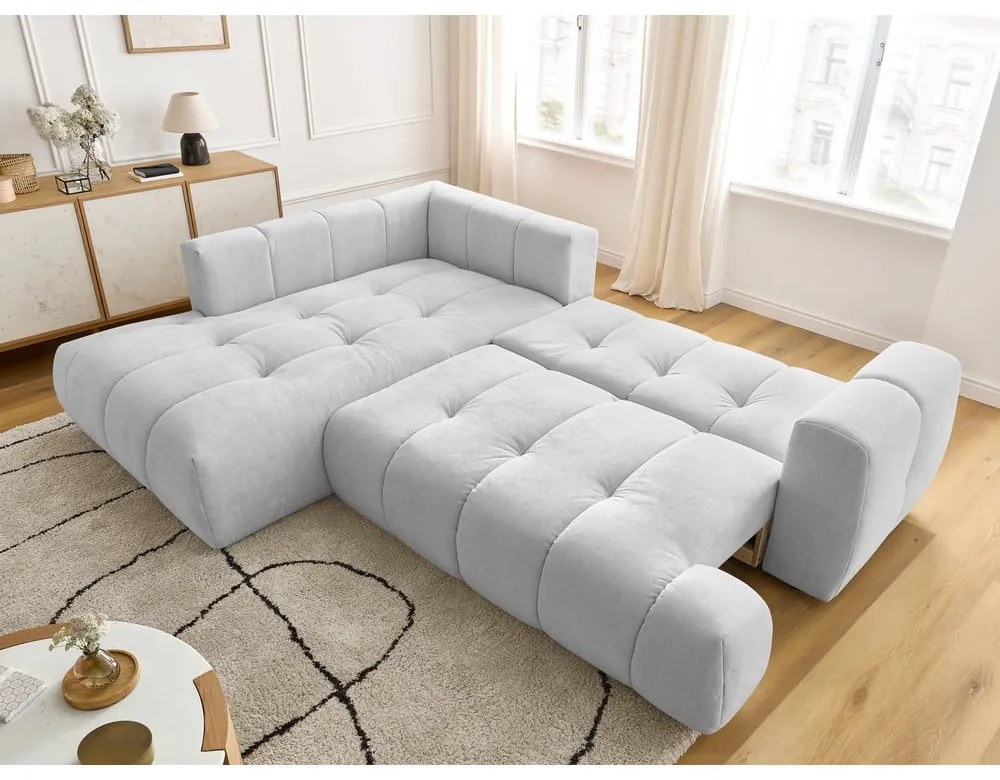 Világosszürke kinyitható-tárolóhelyes sarokkanapé (bal oldali-L alakú) Fuji – Bobochic Paris