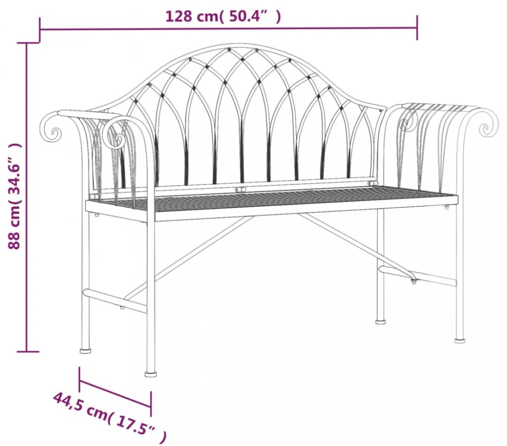 kétszemélyes fekete acél kerti pad 128 cm