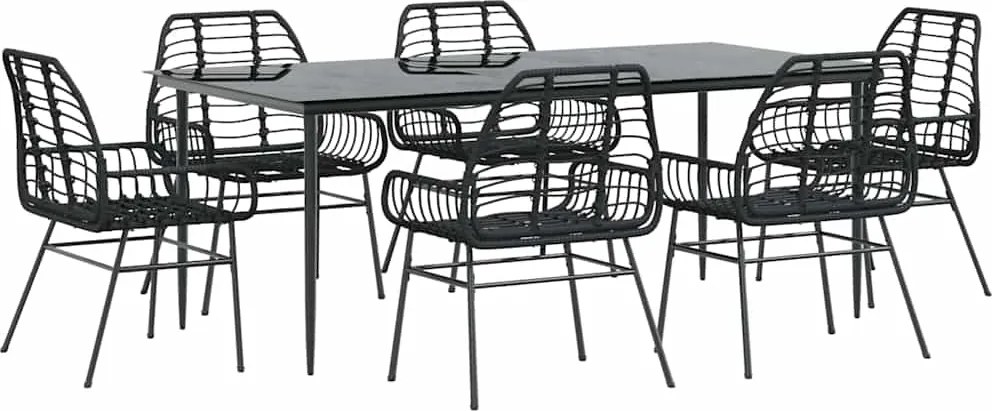 vidaXL 7 részes fekete polyrattan üveg kerti étkezőgarnitúra