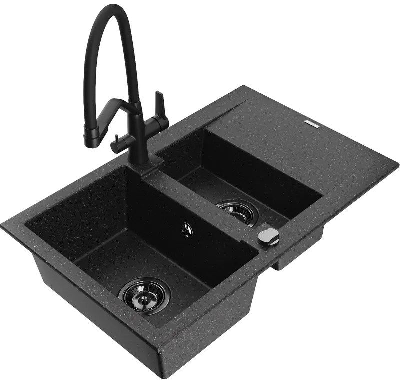 Mexen Gaspar gránit mosogatótálca 1,5-medencés csepegtetővel és Duo konyhai csappal, fekete/ezüst - 6507-73-671701-70-B