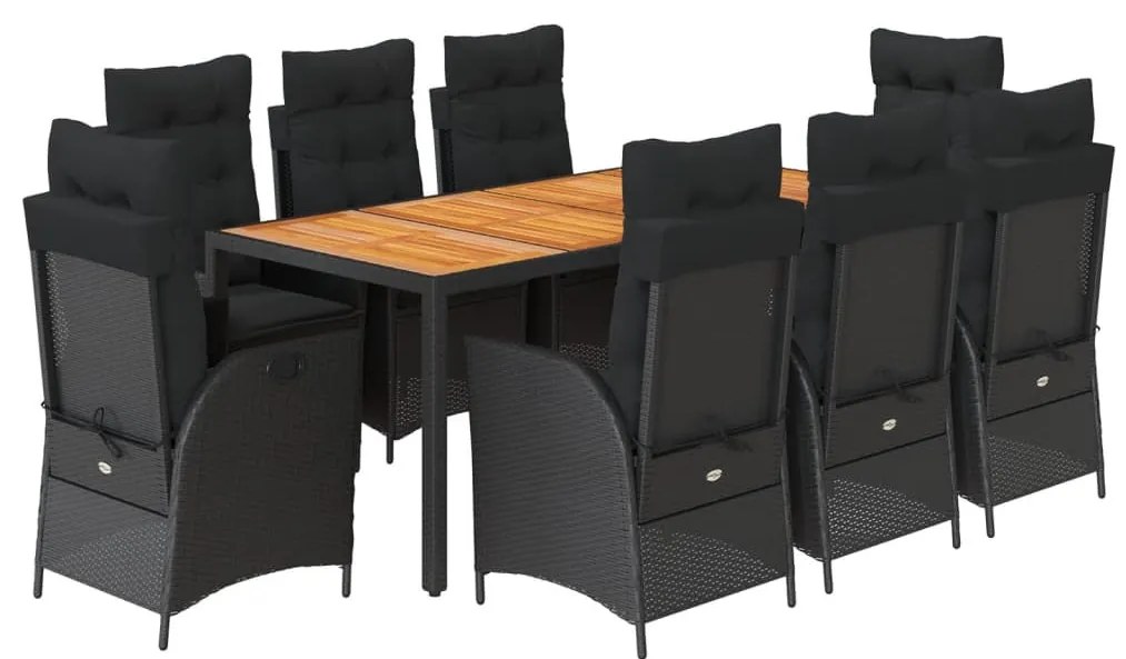9 részes fekete polyrattan kerti étkezőgarnitúra párnákkal