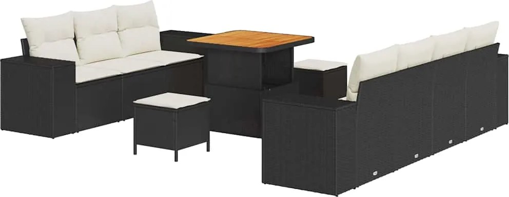 vidaXL Kerti Kanapé Szett párnával 10 pcs Fekete és Krém Poly Rattan
