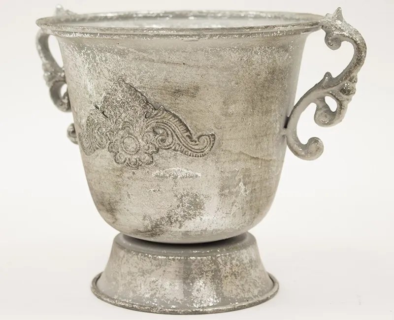Antique fém váza koptatott ezüst szürke fogantyús 18,5x23x18,5cm