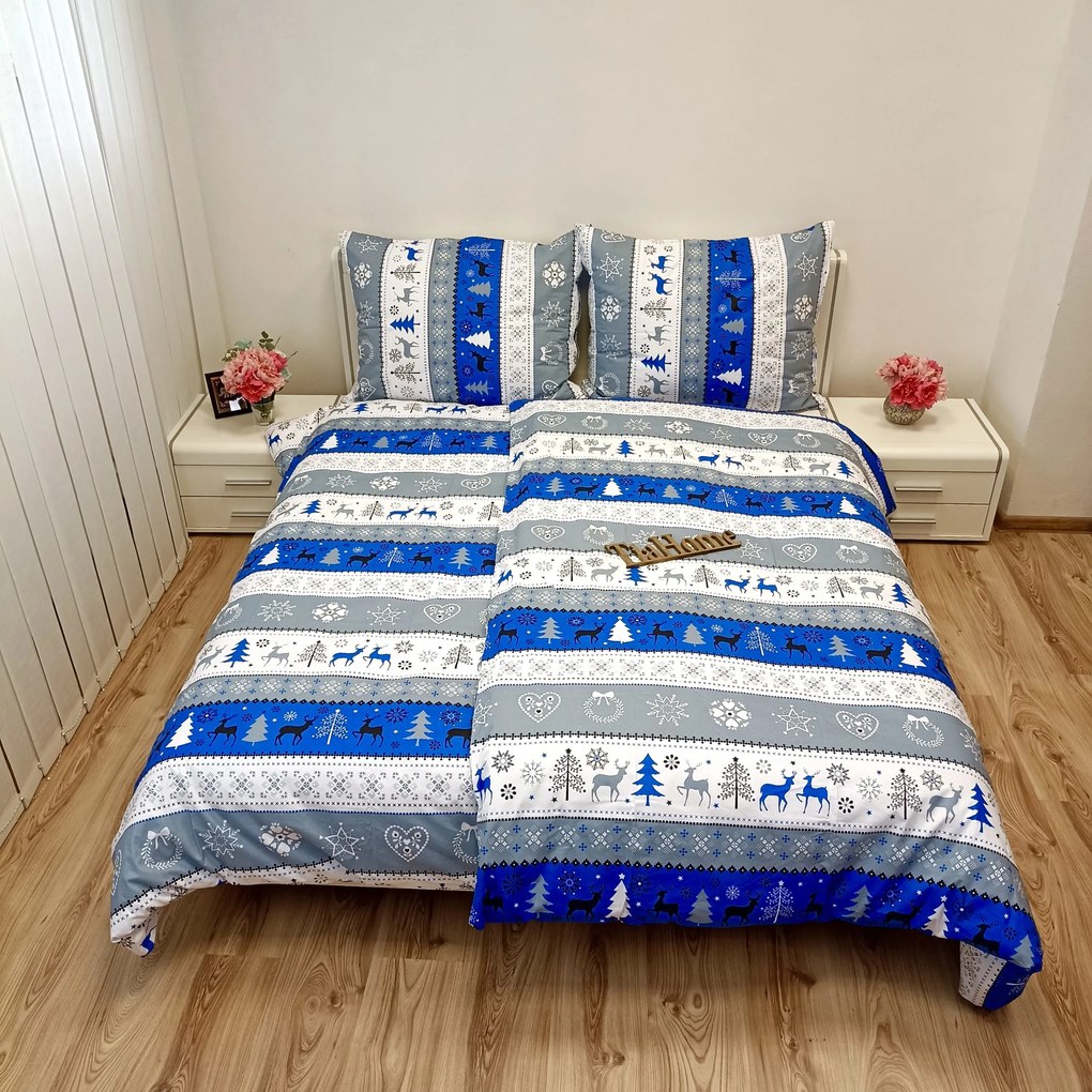 Pamut lepedők Karácsonyi kék Christmas lepedők TiaHome - 1x Párna 90x70cm, 1x Paplan 140x200cm