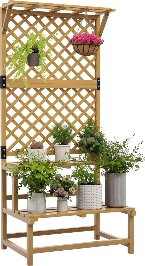 Outsunny Két szintes Faherbau Kerti Növényállvány Rácsos Virágtartó Teraszra 75x50x166 cm Természetes | Aosom