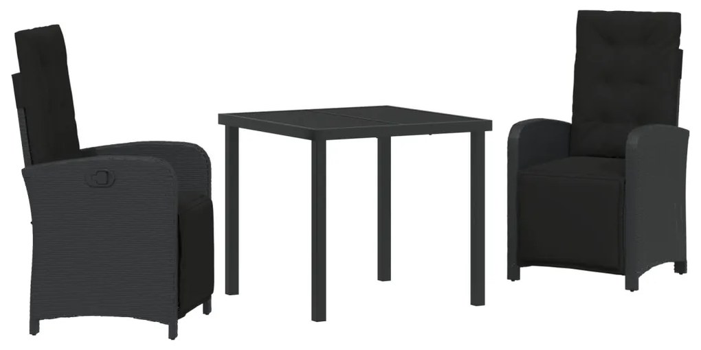 3 Darabos Kerti Étkezőasztal Párnákkal Fekete Polirattan, Kerti Asztal Fekete 80x80x73 cm Edzett Üveg