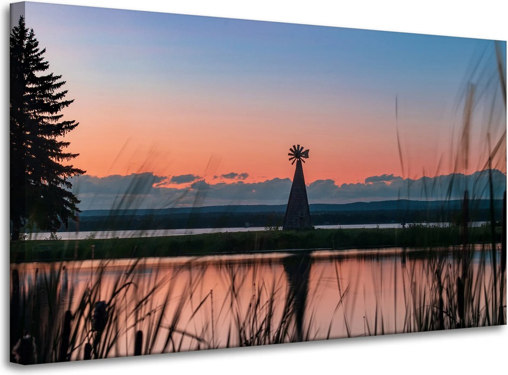 Vászonkép Szélmalom Ég Természet Naplemente Tó Fű 100x60