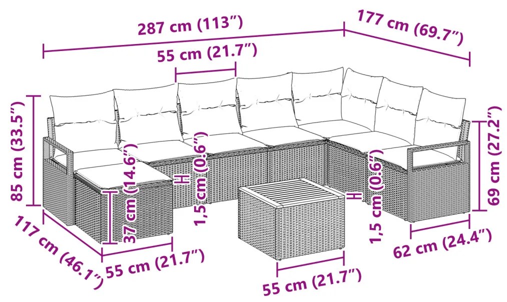 9 darabos Kertibútor Szett Párnákkal Bézs Poli Rattan Akácia