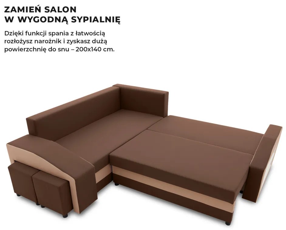 Grande sarokkanapé polcokkal és puffokkal , polc a jobb karfaban puffok a bal karfaban, baloldali, szövet anyag, bonell töltet, barna