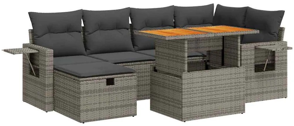 8 részes szürke polyrattan akácfa kerti ülőgarnitúra párnákkal