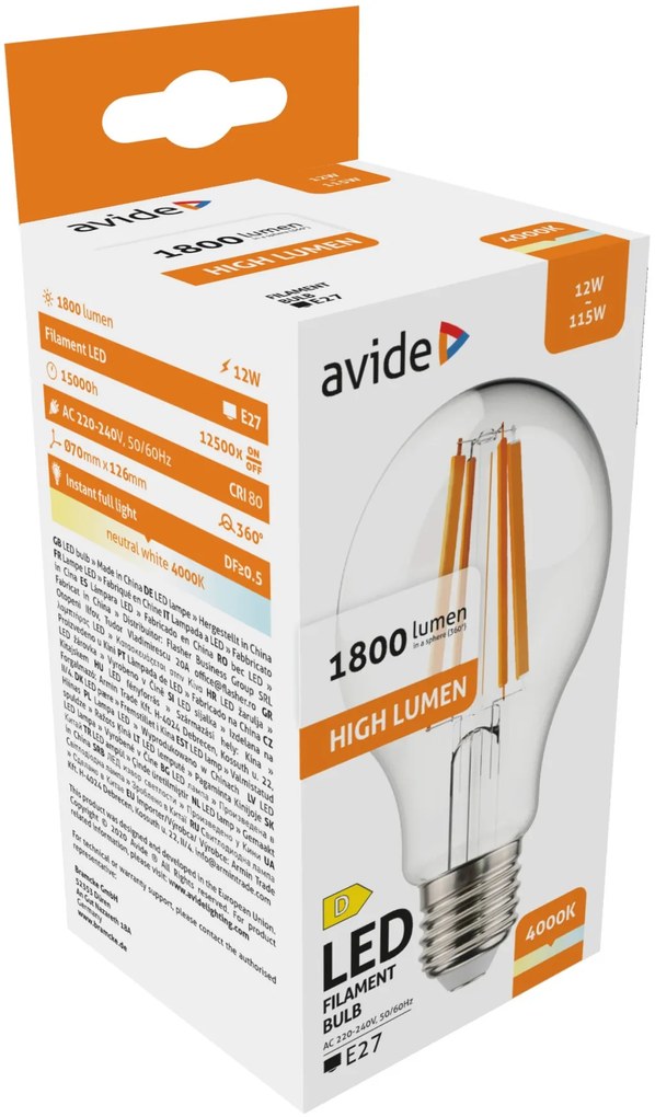Avide LED Filament Globe 12W E27 1800LM A70 180° NW 4000K High Lumen