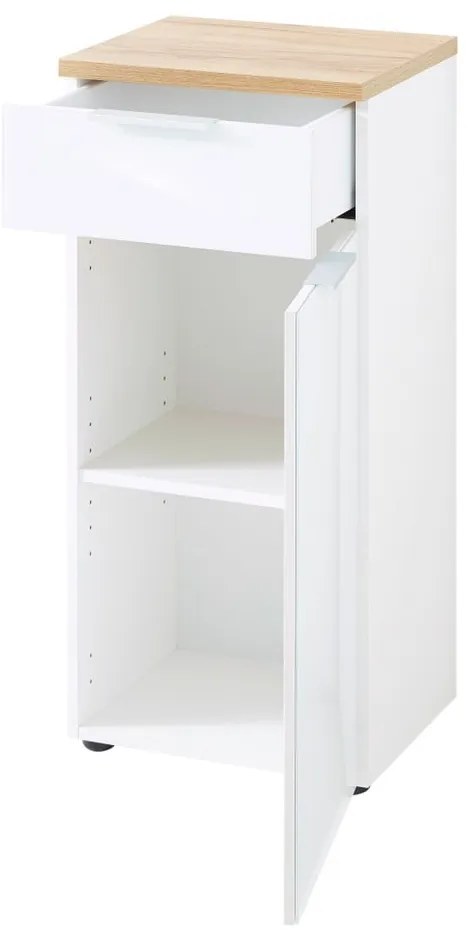 Fehér-natúr színű alacsony fürdőszoba szekrény tölgyfa dekorral 39x86 cm Pescara – Germania