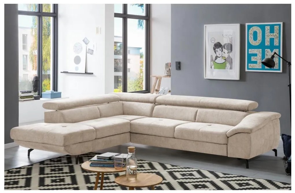 BRESCIA kinyitható L-alakú balos sarokülőgarnitúra, bézs, tárolóval