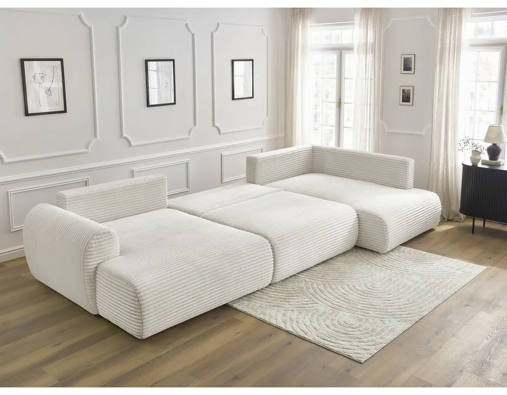 Krémszínű kordbársony kinyitható-tárolóhelyes sarokkanapé (jobb oldali-U alakú) Lucien – Bobochic Paris