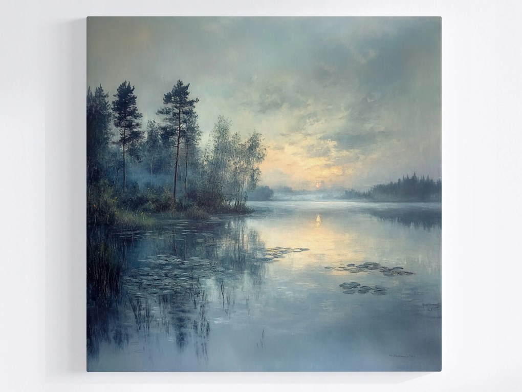 Vászonkép Canvas Tájkép Tó Fák Naplemente Köd 40x40