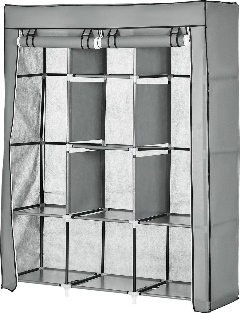 HOMCOM Szövet Szekrény, Ruhatartó Szekrény 8 Polccal, Összecsukható Szekrény Hálószobába, Aulába, Világosszürke, 125 x 43 x 162,5 cm | Aosom
