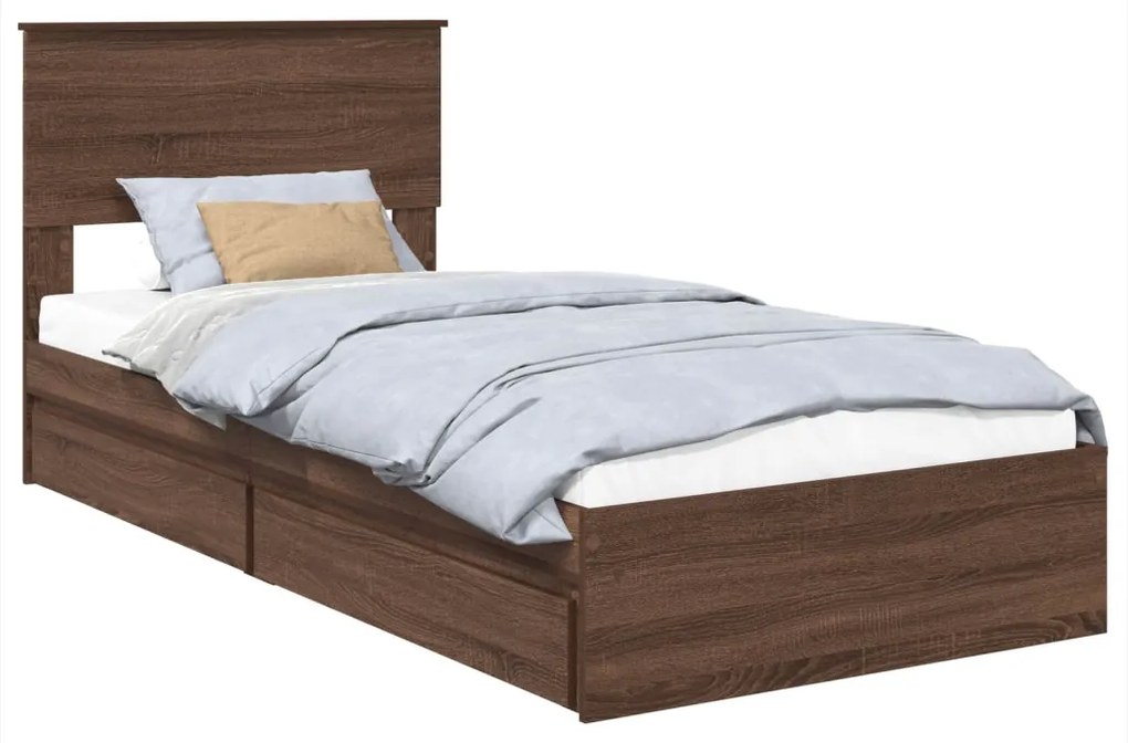 vidaXL Tárolós Ágy fejtámlával fiókkal Barna Tölgy 90 x 200 cm Faanyag