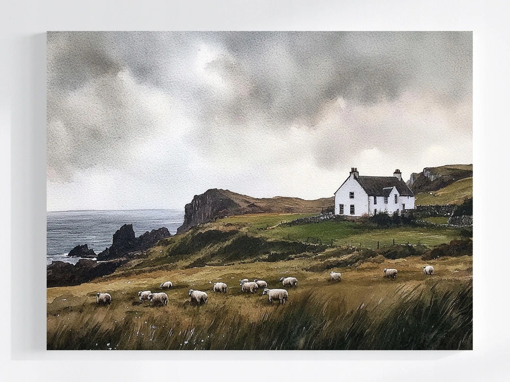 Vászonkép Canvas Tájkép Kilátás Írország Tengerparti Ház Rét Bárányok 80x60