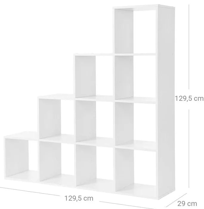 Könyvespolc, 10 kockás polc, 129,5 x 29 x 129,5 cm Fehér