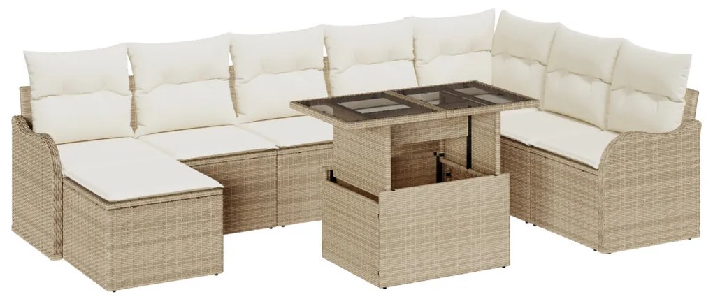 9 Részes Kert Sofa Szett Párnákkal Bézs Poli Rattan, 2-Fős Kert Sofa Párnákkal Bézs Poli Rattan