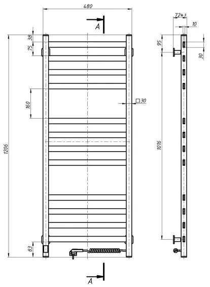 Fürdőszobai létrás törölközőszárító radiátor termosztáttal AVANGARD 459W/230V 120,6cm IP44 fehér jobb oldali