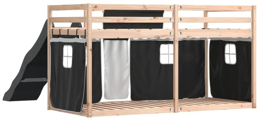 fehér-fekete emeletes ágy csúszdával és függönnyel 90 x 200 cm