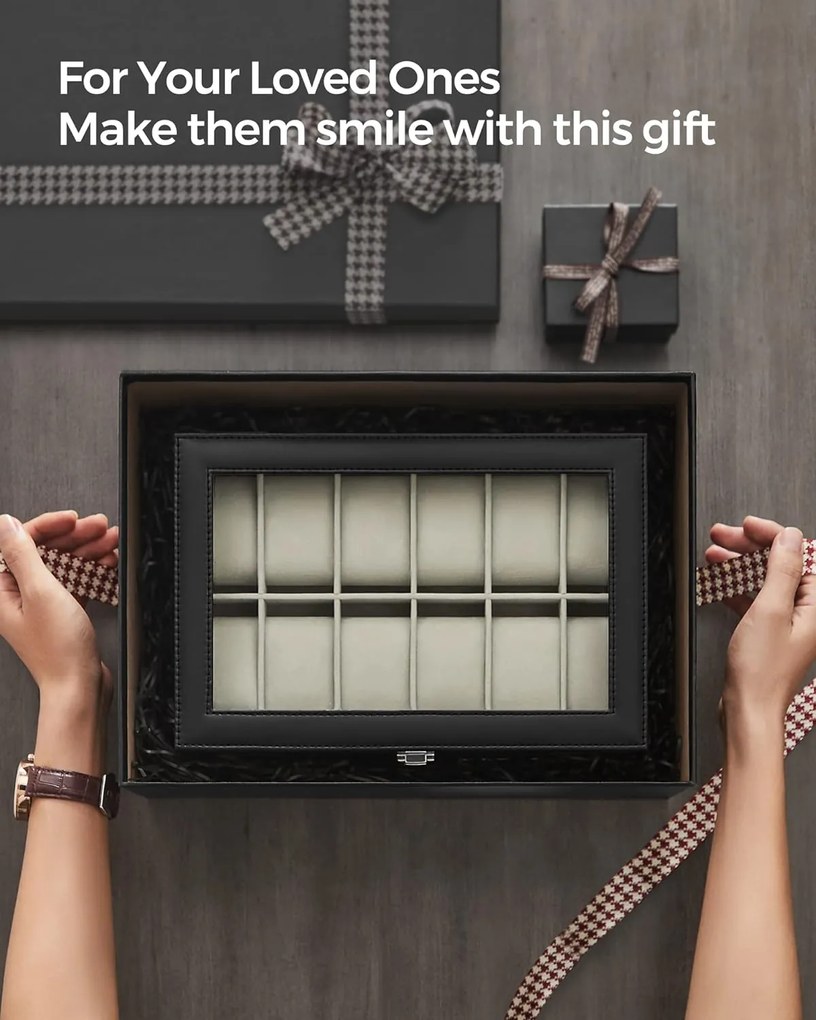 Óradoboz üvegfedéllel, 20,2 x 30,2 x 7,8 cm, fekete műbőr, bézs bélés