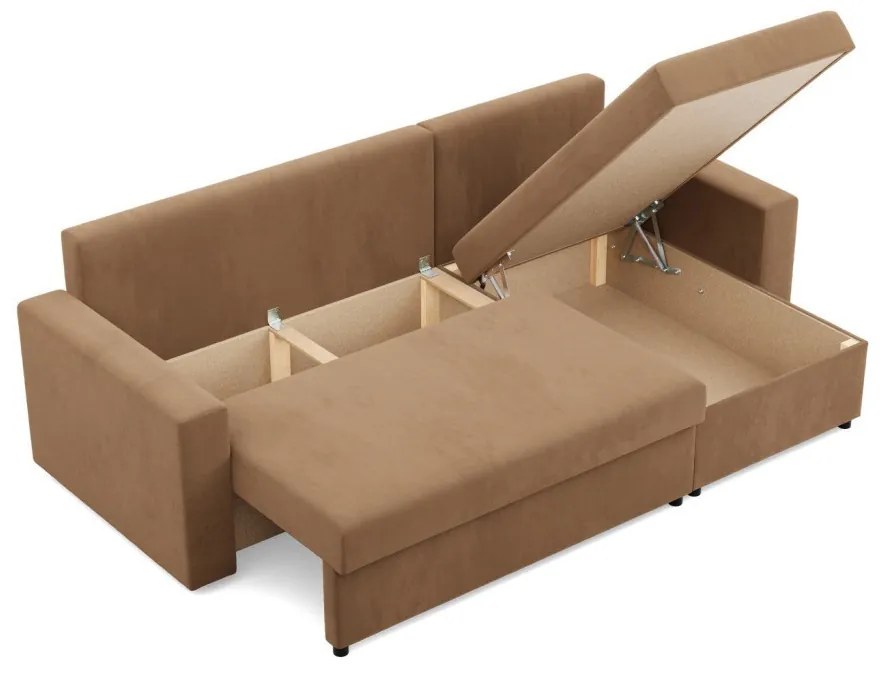 Zeus sarokkanapé, 2 ágyneműtartóval, egyenes kartámasz, szövet anyag, univerzális oldal, hab töltet, barna