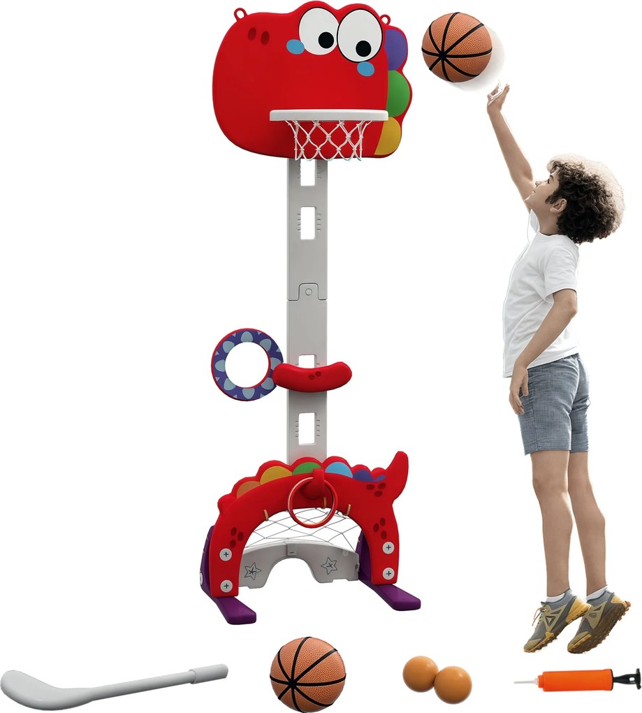 AIYAPLAY 5 az 1-ben Gyermek Kosárlabdapalánk Állítható Magasságú Kosárlabda Gyerekeknek Focilabdával, Golf Gyűrűs Játék Belső Használatra Piros | Aoso