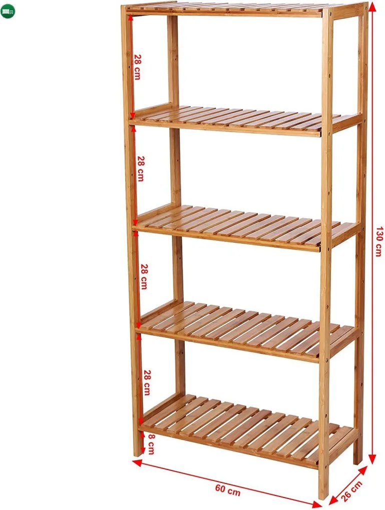 Bambusz polc fürdőszobai, konyhai tároló 5 szintes, natúr 130x26x60cm