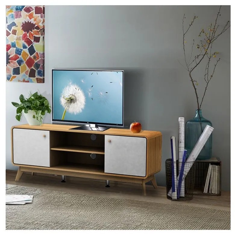 Fehér-natúr színű TV-állvány tölgyfa dekorral 140x53 cm Caitlin – Støraa