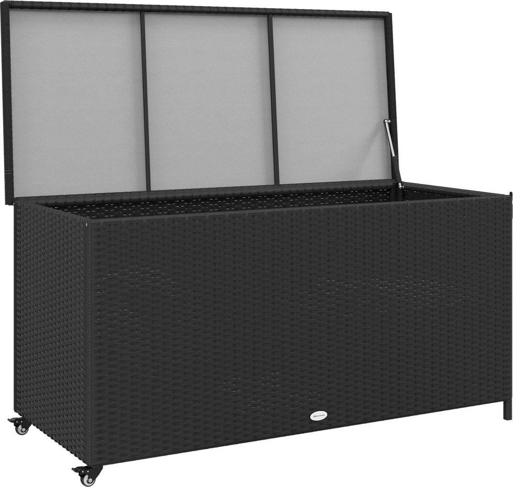 Outsunny Kerti Tárolódoboz PE Rattanból, Kültéri Tároló Pad Kerekekkel, Pneumatikus Piston és Oldalsó Fogantyú, 121x57x67cm, Fekete | Aosom