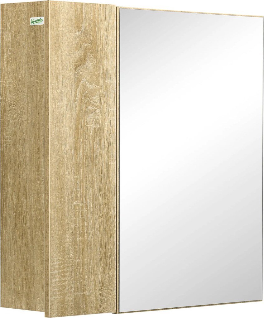 kleankin fürdőszobai szekrény tükörrel és 4 belső polccal, chipboardból, 60x15x60 cm, fa szín | Aosom