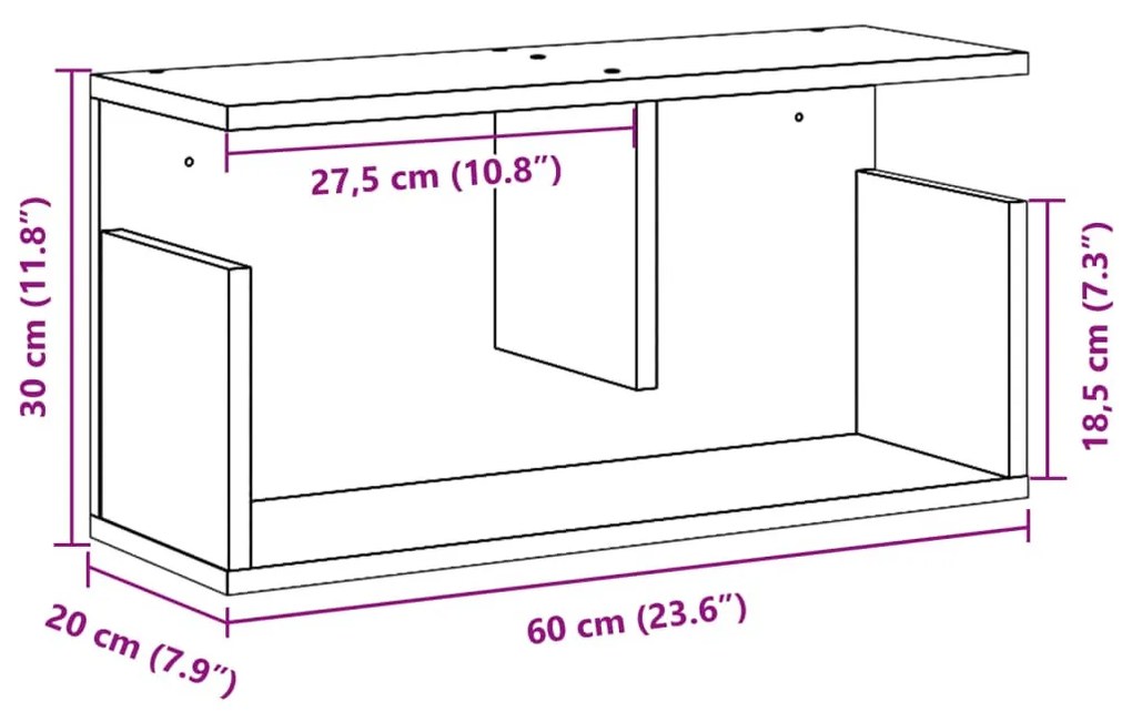betonszürke szerelt fa faliszekrény 60 x 20 x 30 cm