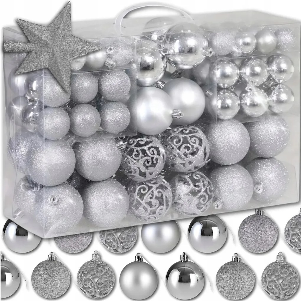 Karácsonyfadísz Szett XXL Ezüst 100 Db 6/4/3 CM Csillag