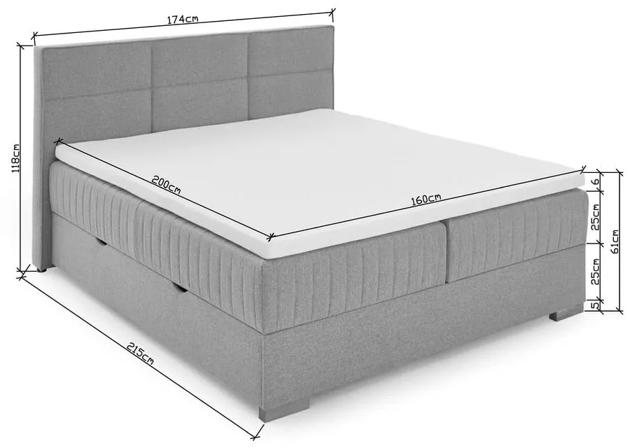 Szürke ágyneműtartós boxspring ágy 160x200 cm Tambo – Meise Möbel