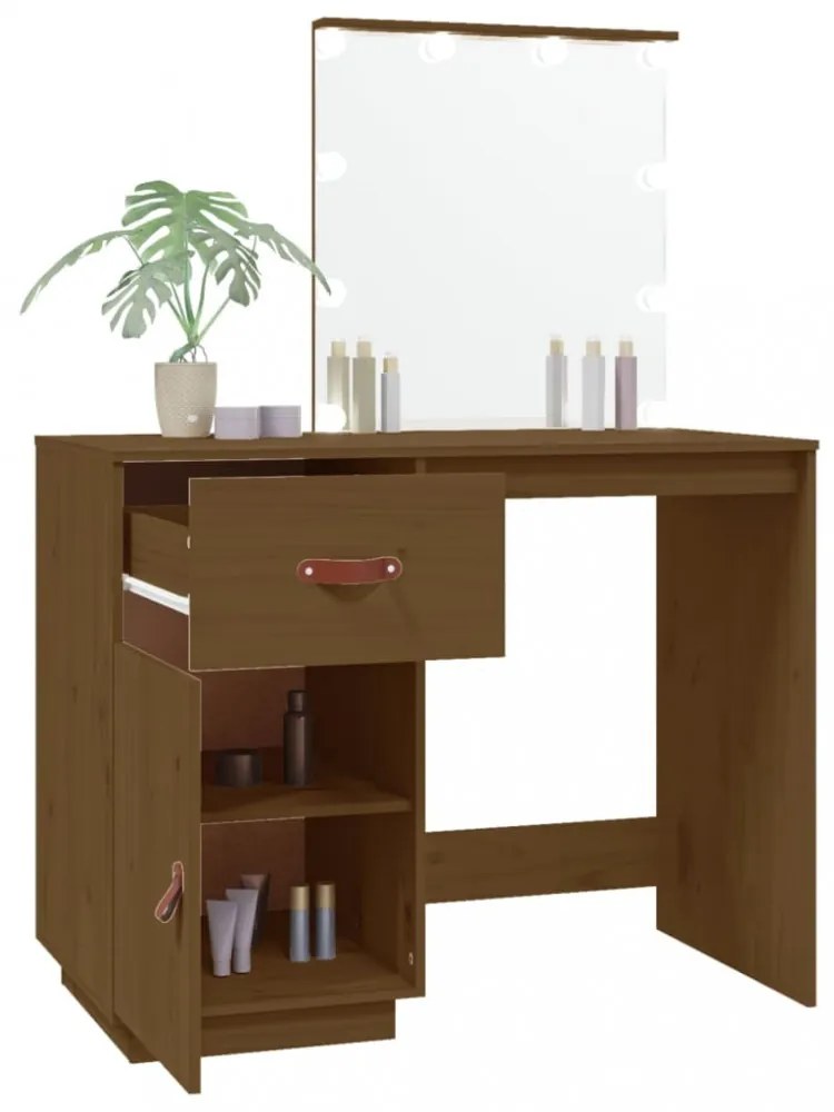 mézbarna tömör fenyőfa fésülködőasztal LED-del 95x50x133,5 cm