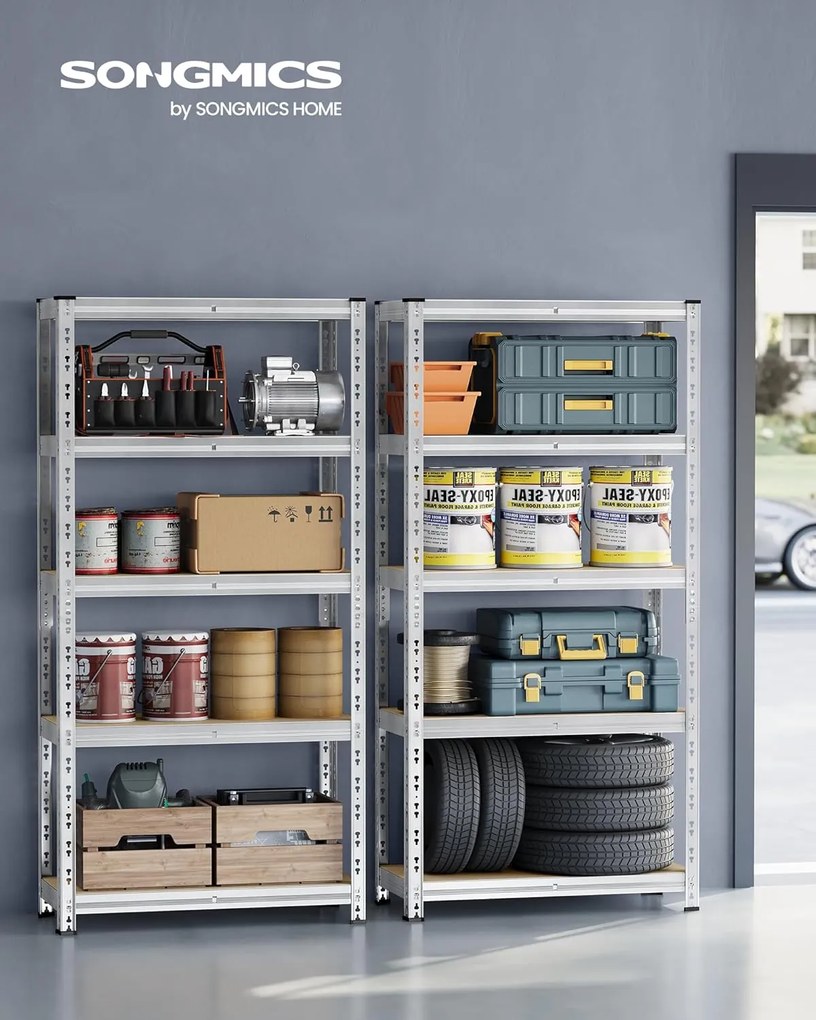 Nagy Teherbírású Tároló Polcok, 2 db-os, Garázs Polcrendszer, 40 x 90 x 180 cm, Ezüst