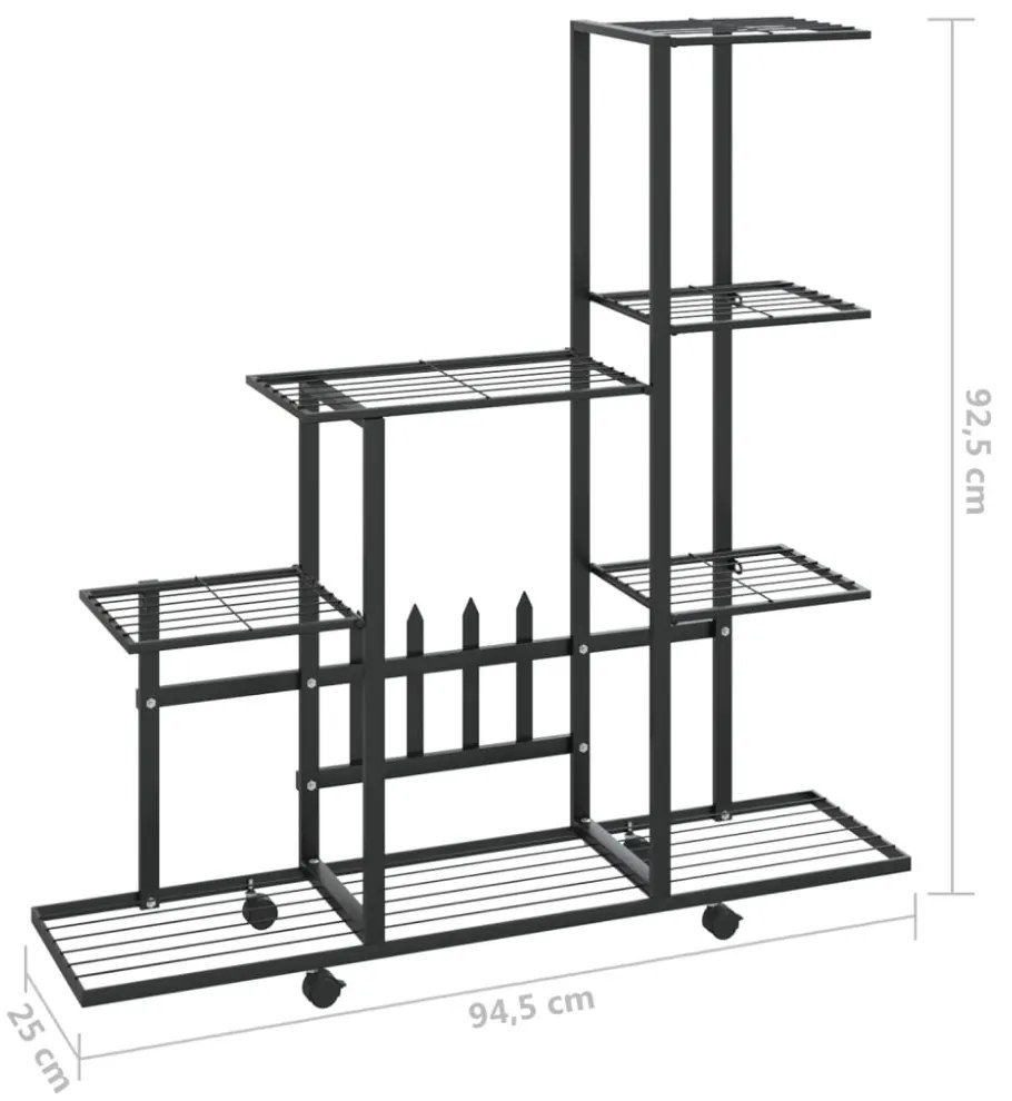 fekete acél virágtartó állvány kerékkel 94,5 x 25 x 92,5 cm