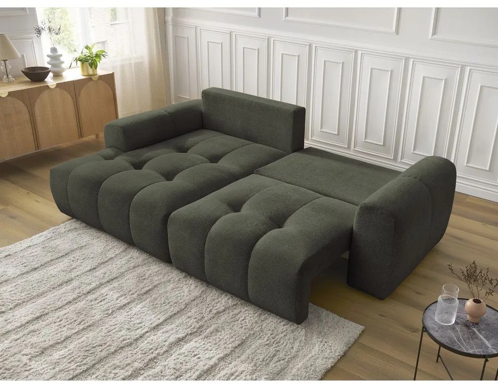 Khaki zsenília kinyitható-tárolóhelyes sarokkanapé (bal oldali-heverő résszel) Roxelane – Bobochic Paris