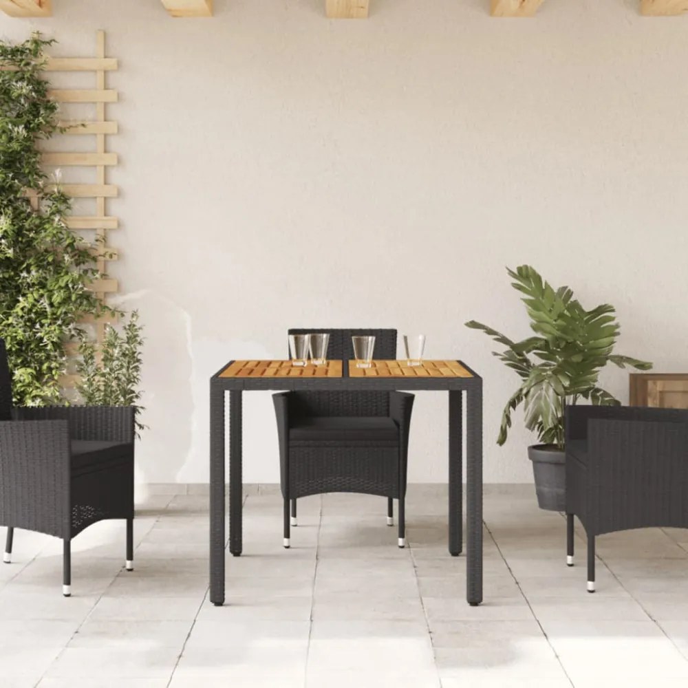fekete polyrattan kerti asztal akácfa lappal 90 x 90 x 75 cm