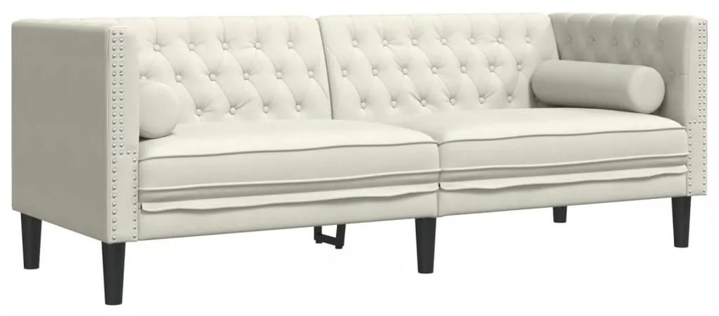 3 személyes krémszínű bársony Chesterfield kanapé párnákkal