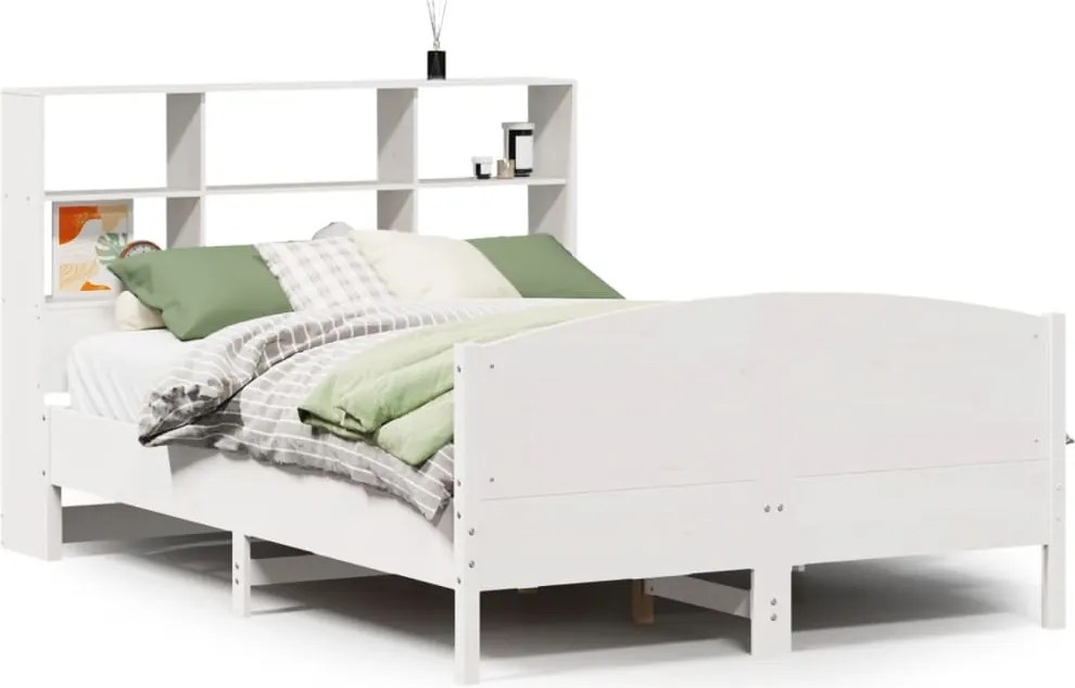vidaXL fehér tömör fenyőfa könyvespolcos ágy matrac nélkül 160x200 cm