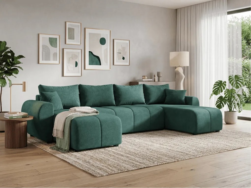 SEVIO U alakú kihúzható ülőgarnitúra, 311x145 cm, palackzöld + 2 párna INGYEN