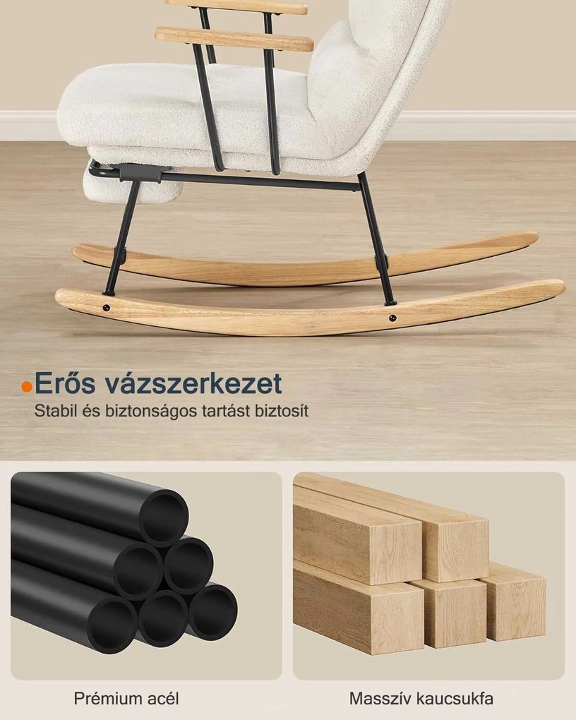 Hintaszék fa lábakkal, plüss szövettel, 4 fokozatban állítható háttámlával, fehér