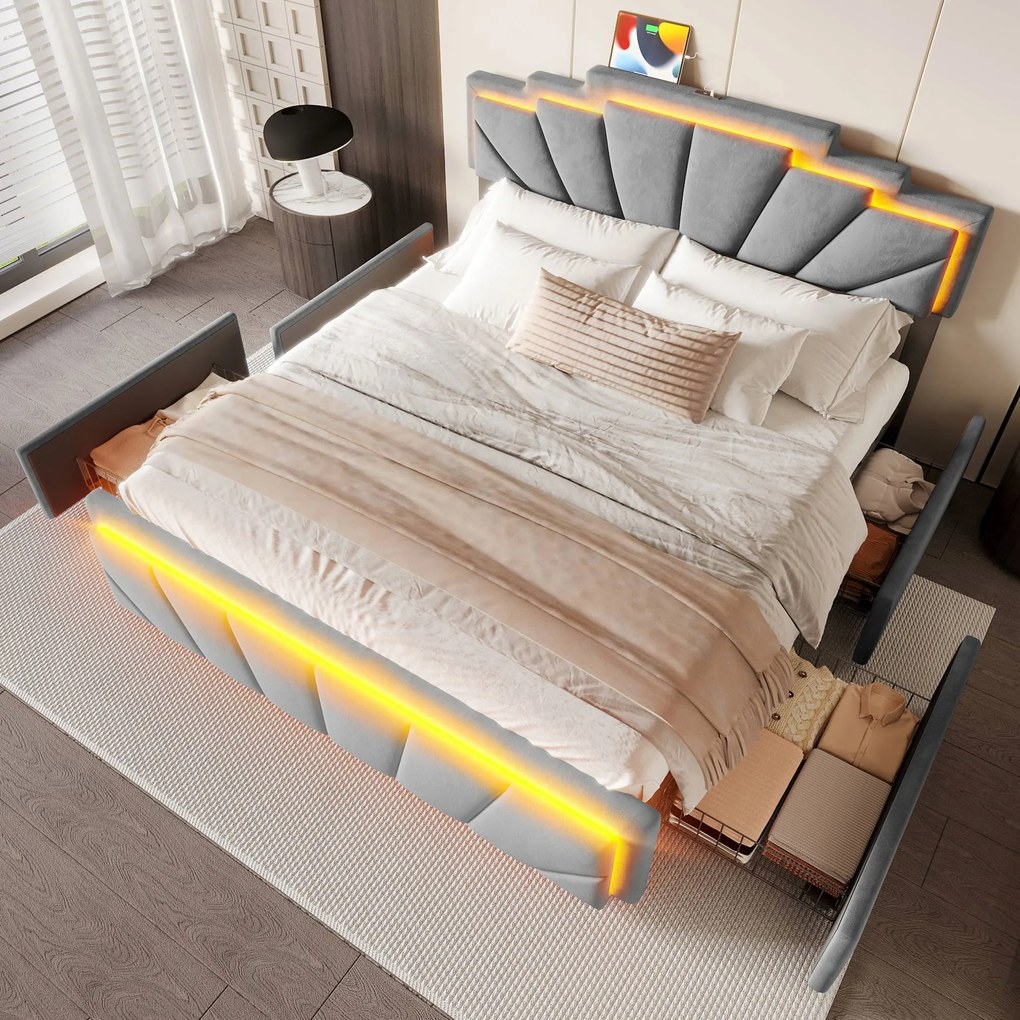 Kárpitozott ágy 160x200 cm Dupla ágy Led Usb C 2 fiókos szürke