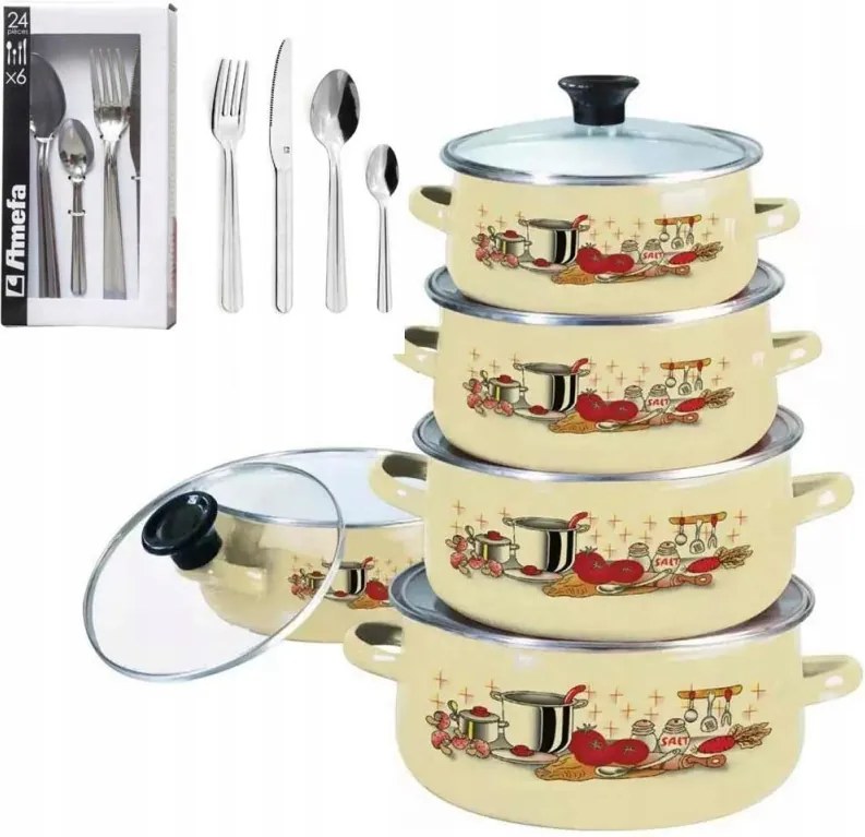 Zománcozott Edények Krémszínű Edénykészlet Evőeszközök Amefa Colibri 24EL