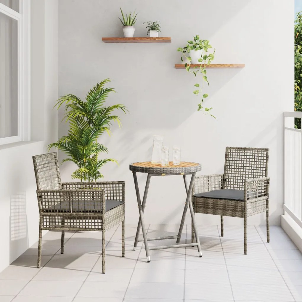 3 Darabos Kerti Bistro Készlet Párnákkal Szürke Poli Rattan